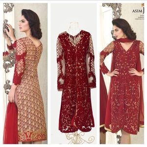 Asim Jofa Shalwar kameez pakistani indian designer red gold tan large Eid
